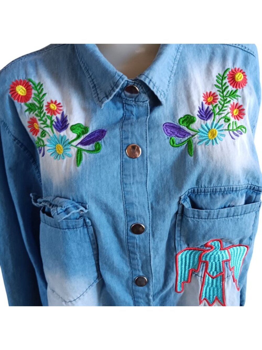 Vintage Embroidered Denim Button-Down Shirt with Floral Thunderbird Native